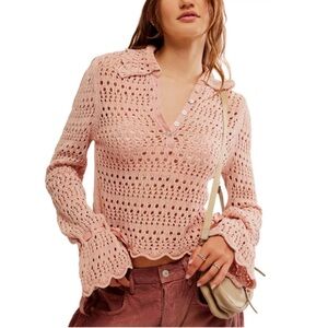 NWT Free People Mauve Rose Pointelle Open Knit Pullover Sweater Size M